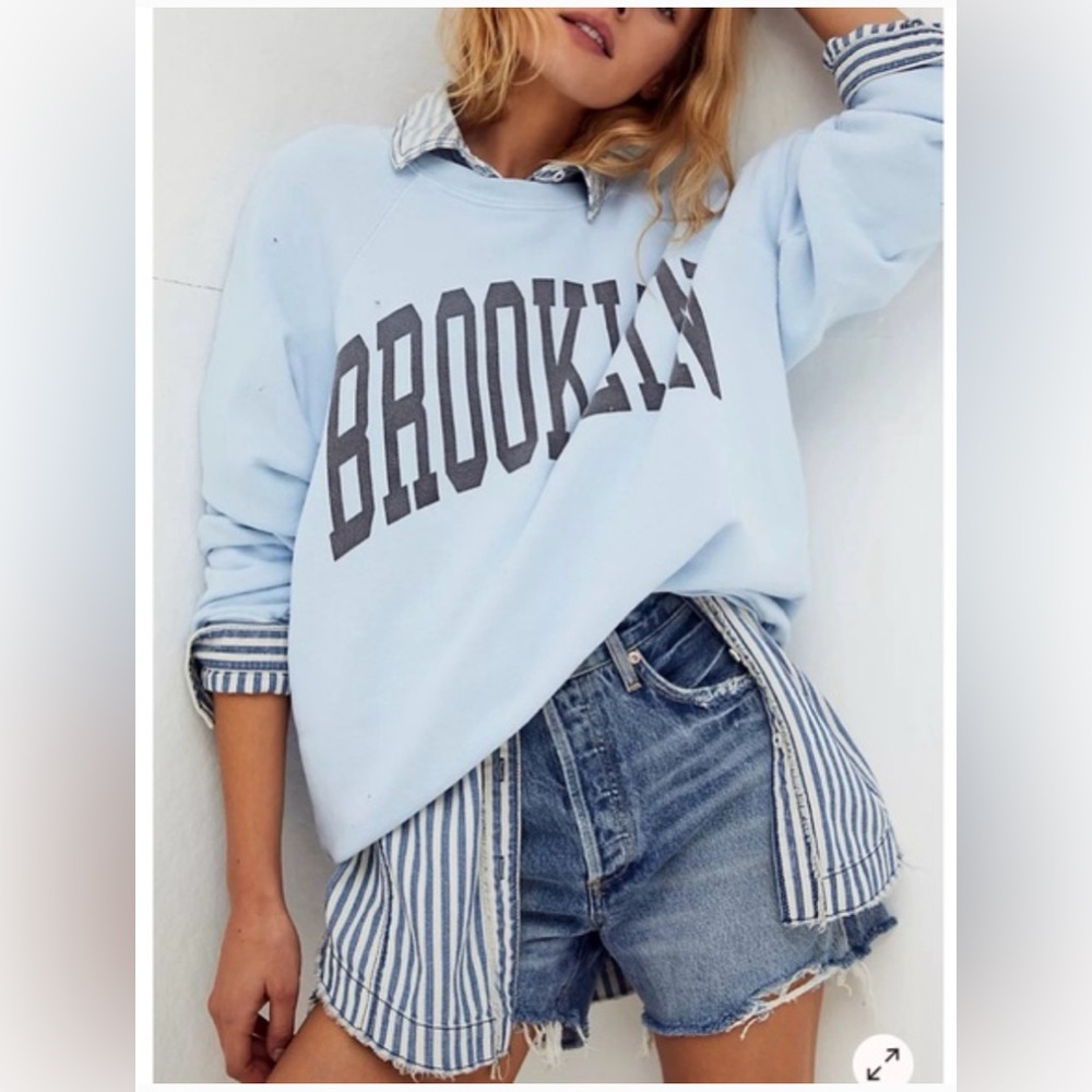 Free People Retro Brand Sweatshirt Brooklyn Graphic Light Blue large EUC - Picture 2 of 11